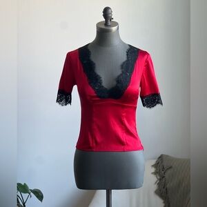 Moda International Red Silk Blouse with Black Lace EUC